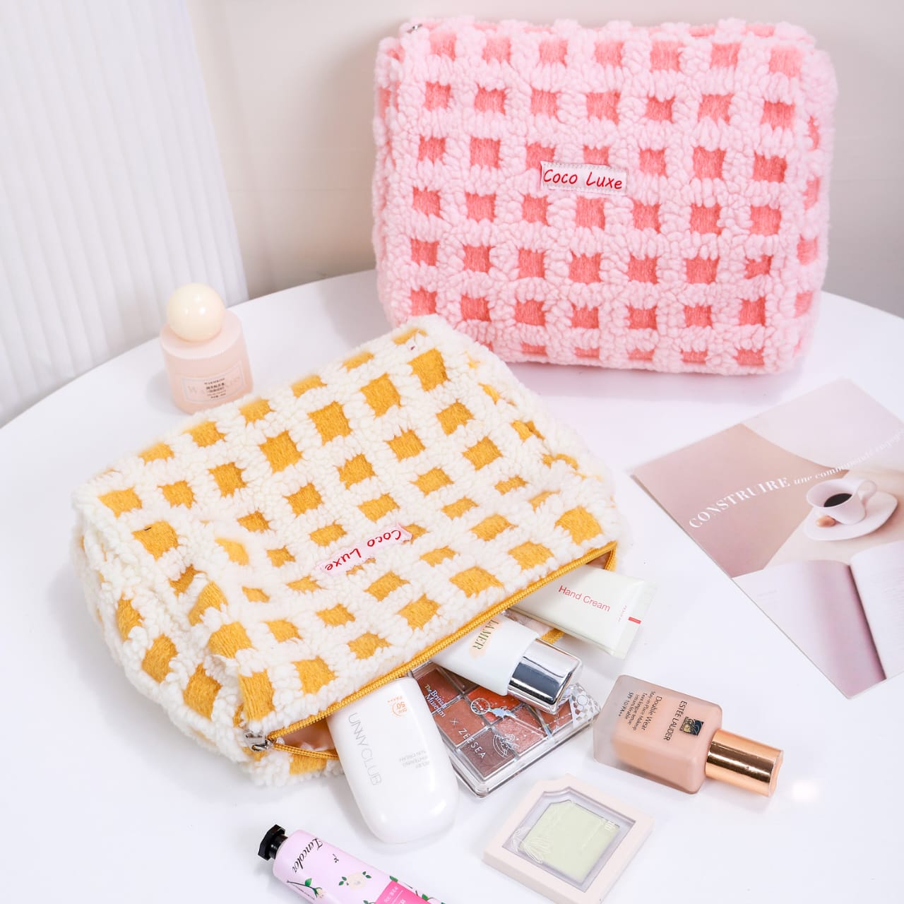 Waffle Check Lamb Fleece Makeup Cosmetics Bag