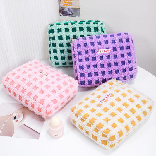 Waffle Check Lamb Fleece Makeup Cosmetics Bag