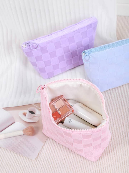 Waffle Check Lamb Fleece Makeup Cosmetics Bag
