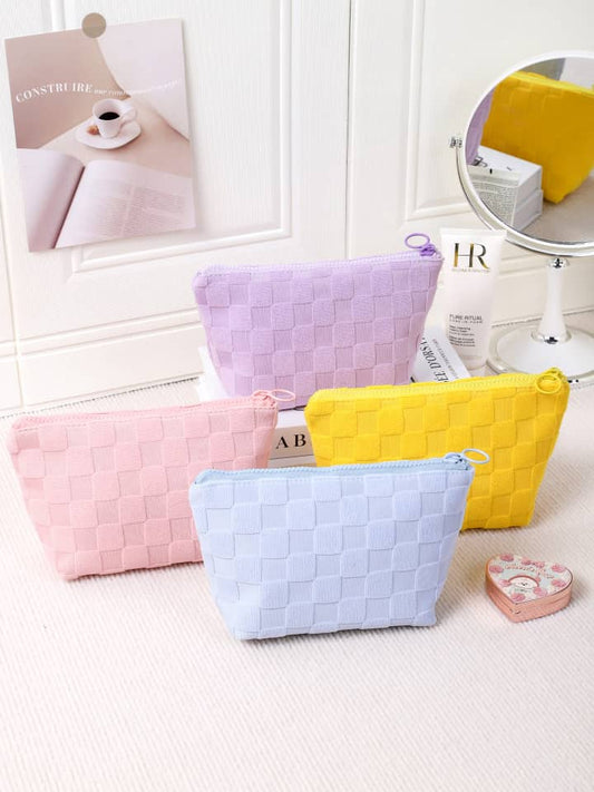 Waffle Check Lamb Fleece Makeup Cosmetics Bag