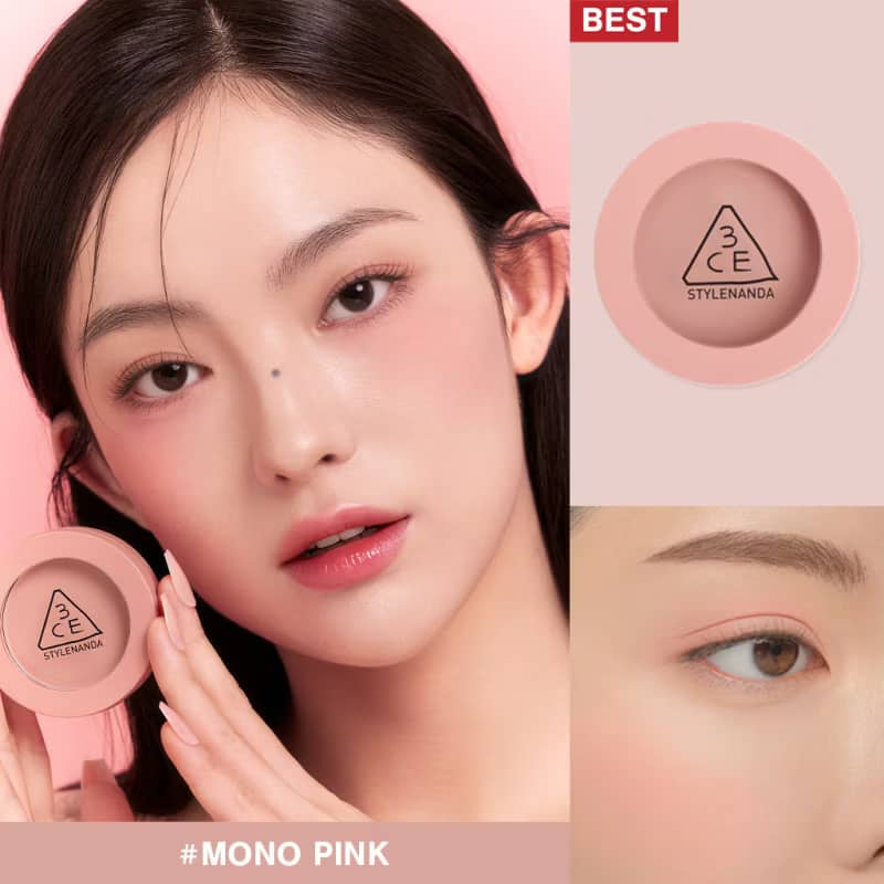 3CE Face Blush, Lightweight translucent pigments, silky smooth texture, easily blendable, natural-looking flush.