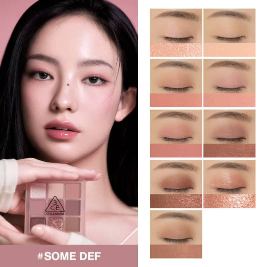 3CE Multi Eye Color Palette, matte, shimmer, glitter shades smooth layering texture with buildable pay off no clump