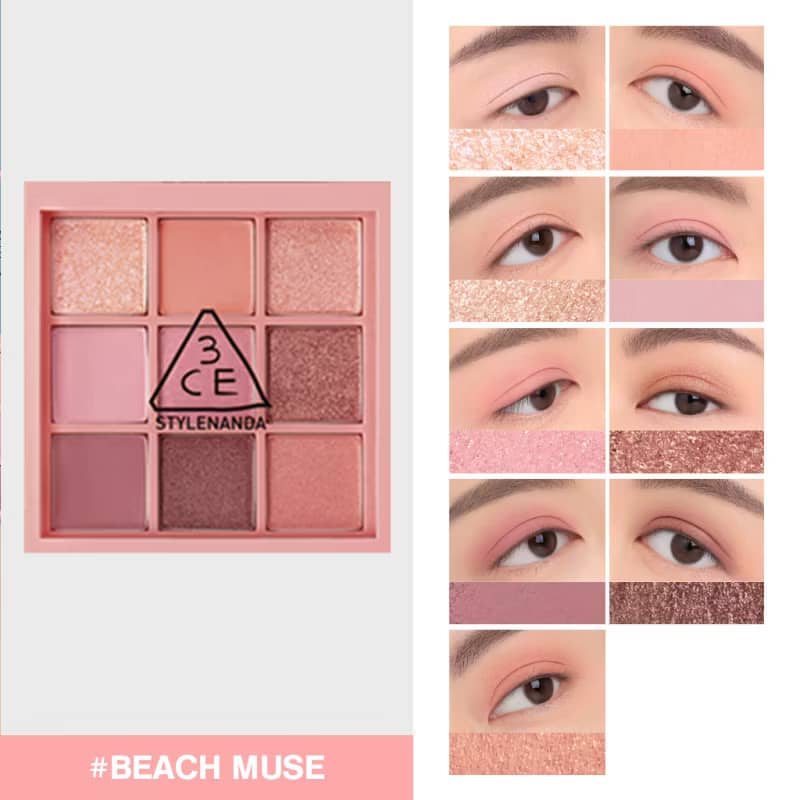 3CE Multi Eye Color Palette, matte, shimmer, glitter shades smooth layering texture with buildable pay off no clump