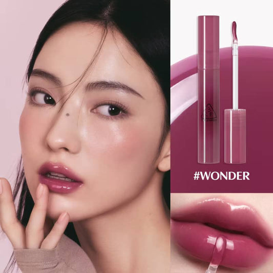 3CE Drop Glow Gel Lipstick, Non-sticky hydrating formula, bouncy gel-gloss high-shine glow, effortless application.