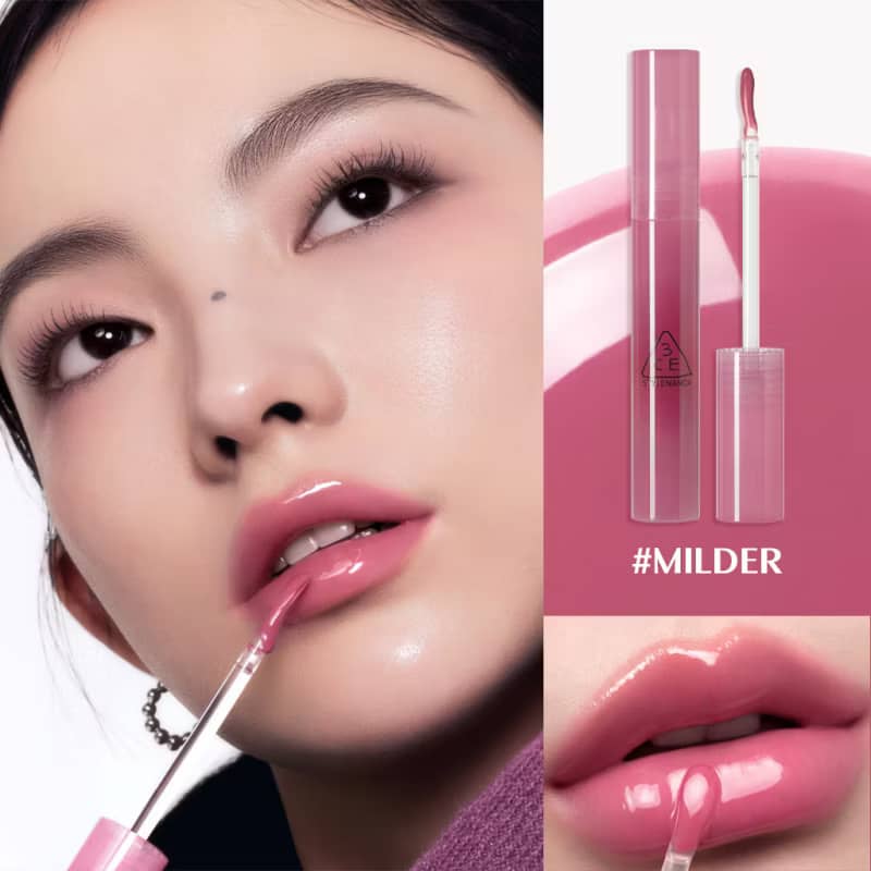 3CE Drop Glow Gel Lipstick, Non-sticky hydrating formula, bouncy gel-gloss high-shine glow, effortless application.