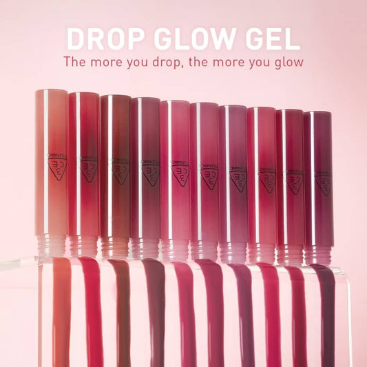 3CE Drop Glow Gel Lipstick, Non-sticky hydrating formula, bouncy gel-gloss high-shine glow, effortless application.