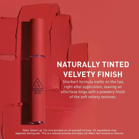 3CE Velvet Lip Tint Lipstick, Smooth matte creamy airy texture, with rich pigments for soft-blurred comforting look.